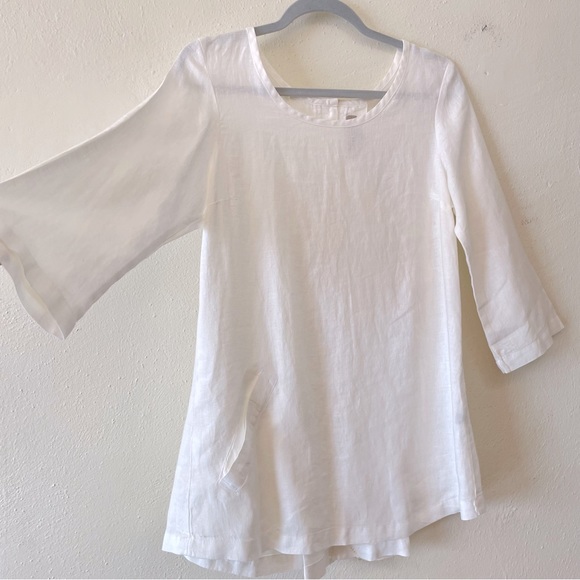 Flax 100% linen 3/4 sleeves top blouse size S pleated pocket lagenlook - Picture 4 of 10